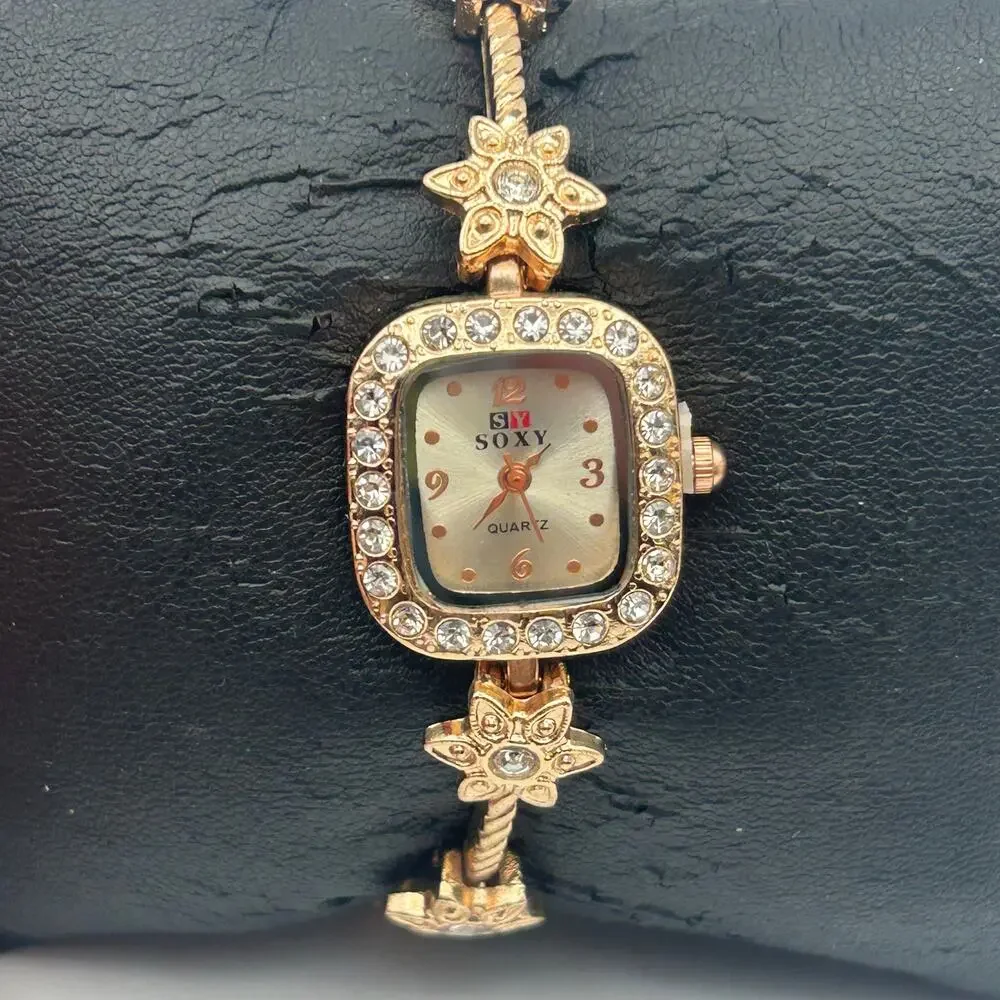 Soxy Rose Gold Square Dial Crystals on Bezel Floral Accents Women Fashion Watch